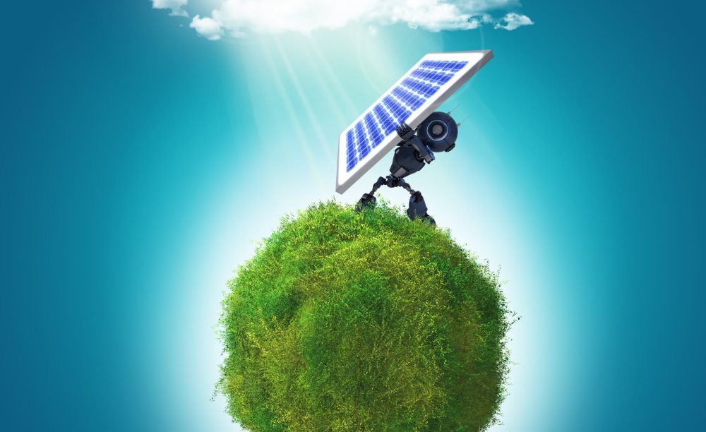 3D render of a robot holding a solar panel on a grassy glboe 3D render of a grassy globe a robot holding a solar panel to the sunlight