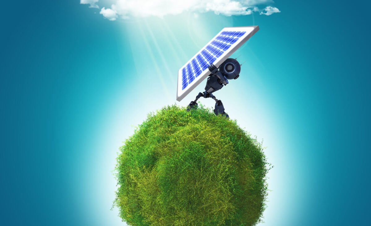3D render of a robot holding a solar panel on a grassy glboe 3D render of a grassy globe a robot holding a solar panel to the sunlight
