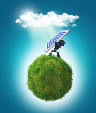 3D render of a robot holding a solar panel on a grassy glboe 3D render of a grassy globe a robot holding a solar panel to the sunlight