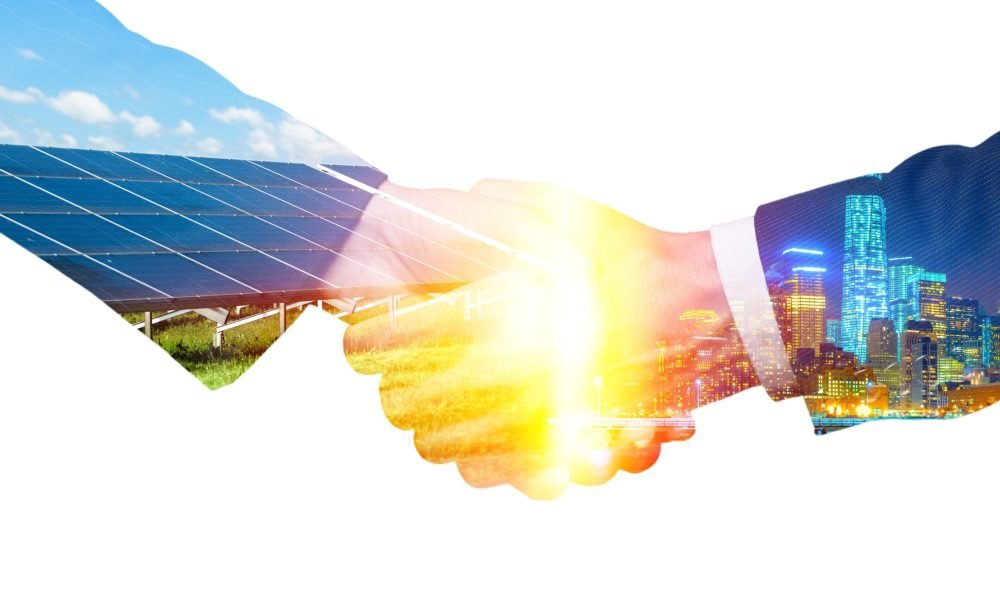 Concept of collaboration to change the world, a handshake and night city. Concept of collaboration to change the world, a handshake and night city.